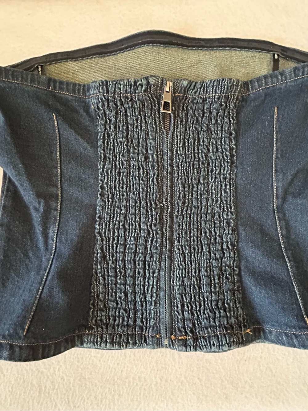 Kenneth Cole Denim Bustier Strapless Corset Top Size L Blue Back Zipper Smocked - Picture 2 of 7